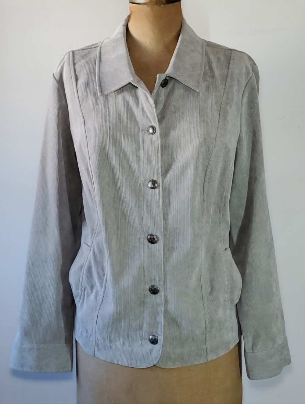 CJ Banks 1X Blazer Jacket Corduroy Grey Stretch Pockets Button Down Long Sleeve